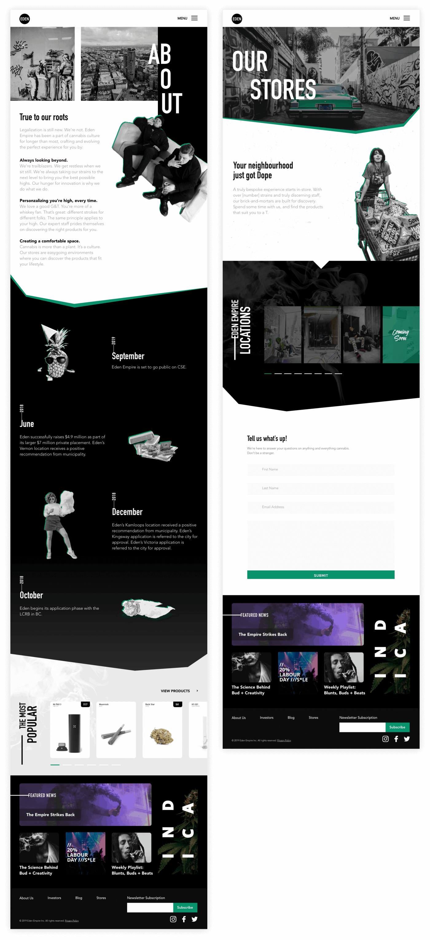 Two screens from the Eden Empire website design project