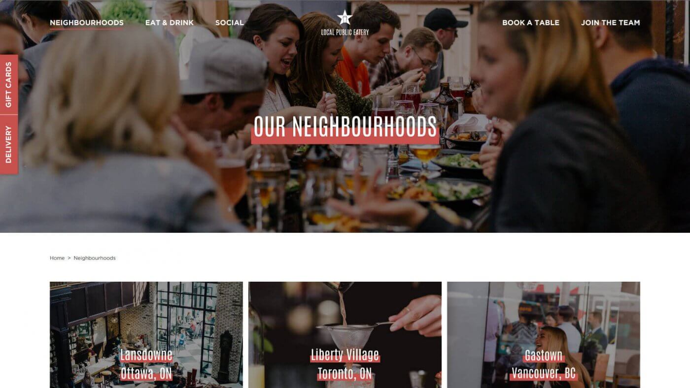 neighbourhood page for local restaurant