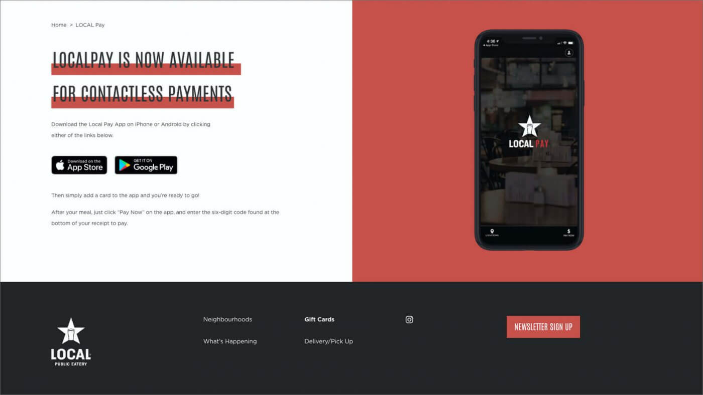 Touchless Pay landing page for Local