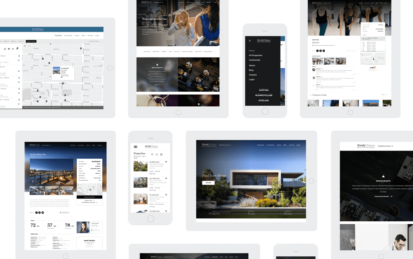 Mockups of the zwick chimes real estate website