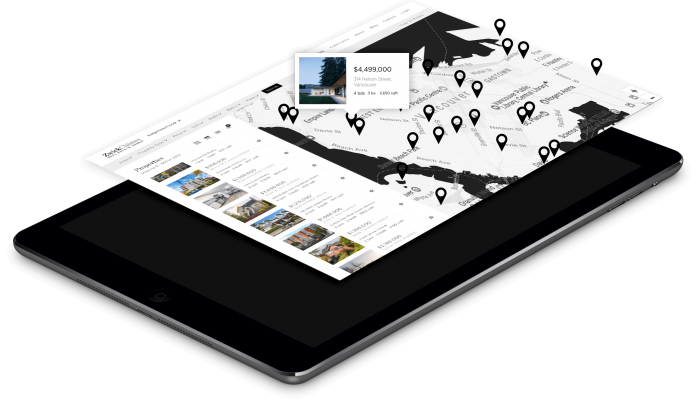 Ipad with a map displaying real estate listings