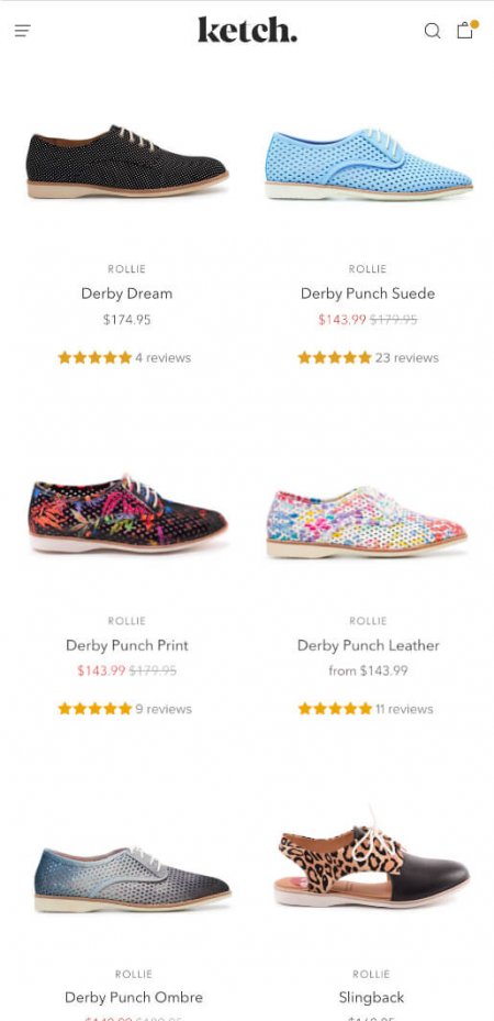 Ketch's shoe catalog on mobile